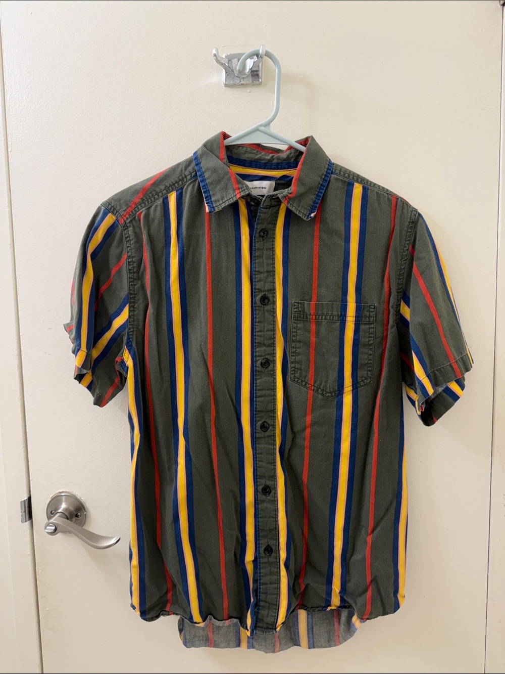Urban Outfitters Olive Green Short-Sleeve Stripe Button-Up Shirt
